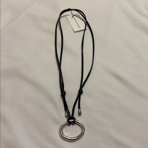 NWT Banana Republic PULL TIE adjustable black leather necklace silver oval ring.
